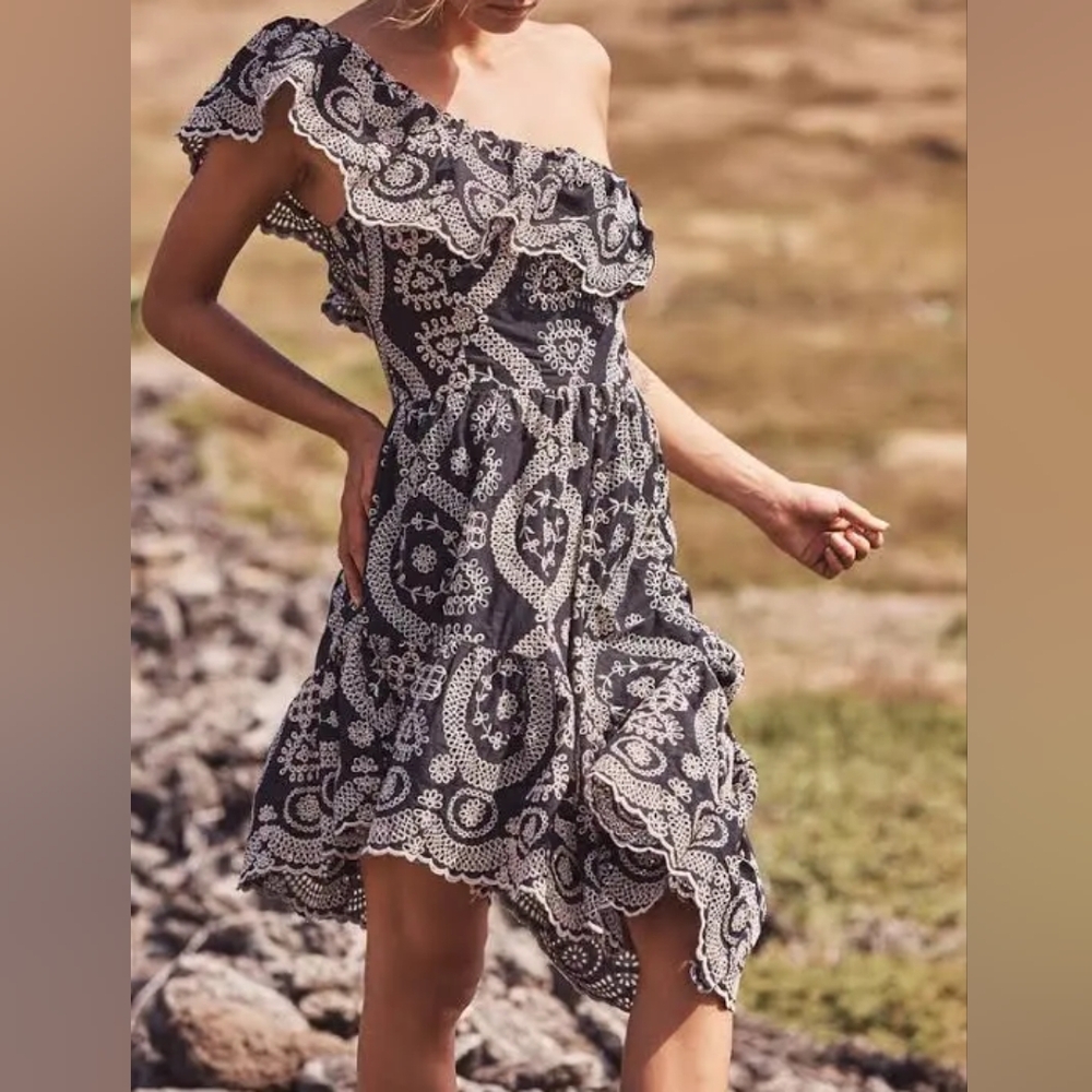 LOVESHACKFANCY Asymmetric Ruffled Dress Embroidere